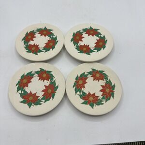 Nanette Lepor Christmas Poinsettia Stoneware Coasters. Set Of 4